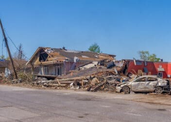 Severely Damaged Buildings and Car after Tornado Touched Down on March 22, 2022 in Arabi, LA, USA